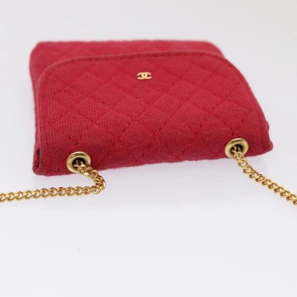 CHANEL Chain Quilted Shoulder Pouch Cotton Gold Red CC Auth - Picture 8 of 16
